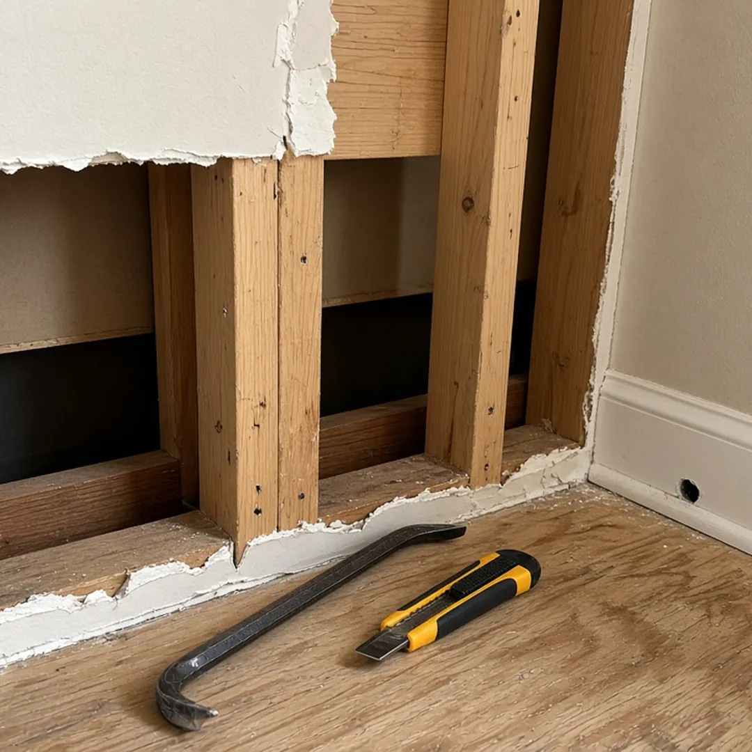 Baseboards removed and lower drywall cut out where urine reached after animal hoarding
