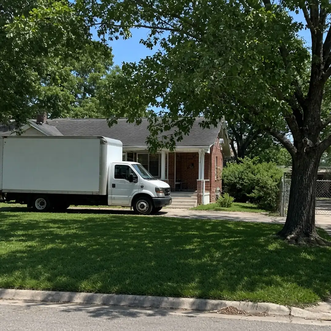 Unmarked work truck parked outside a brick home in a small North Texas town