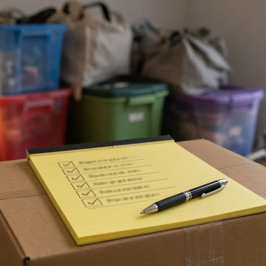 Notepad with a checklist resting on a stack of boxes in a cluttered room