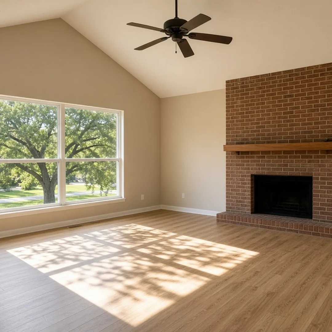 Empty, cleaned living room of a brick ranch home in Arlington, ready to list