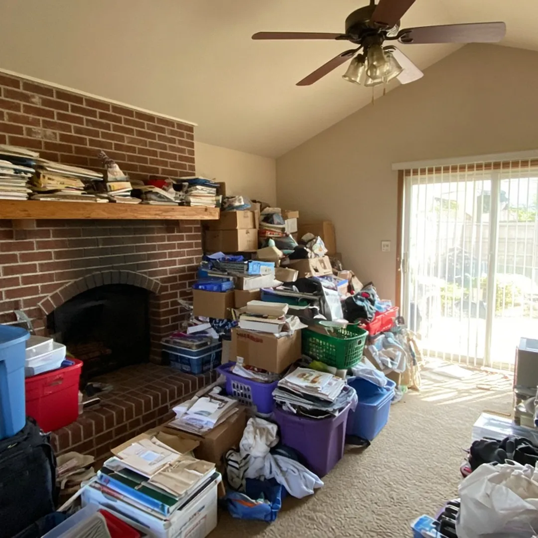 Hoarded family room in an Arlington home with stacked boxes and bags blocking the path to the back door