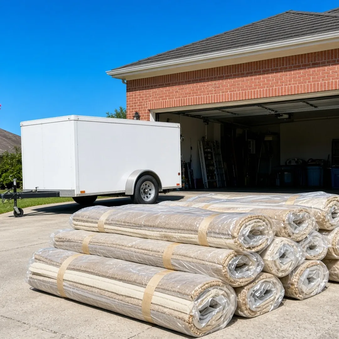 Rolled-up carpet and pad bundled for disposal on a driveway after odor removal