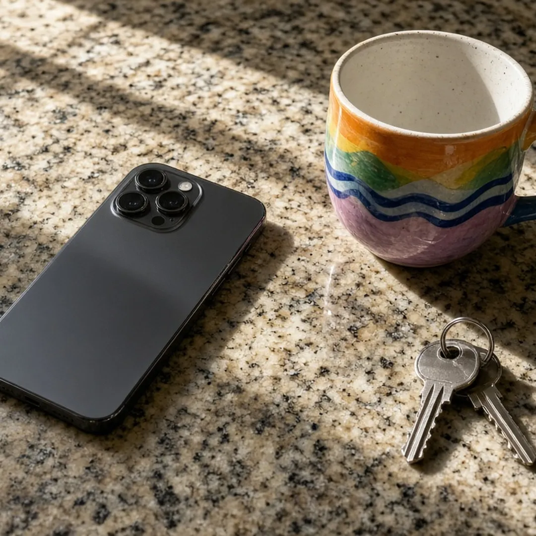 Smartphone lying face down on a kitchen table next to a coffee mug